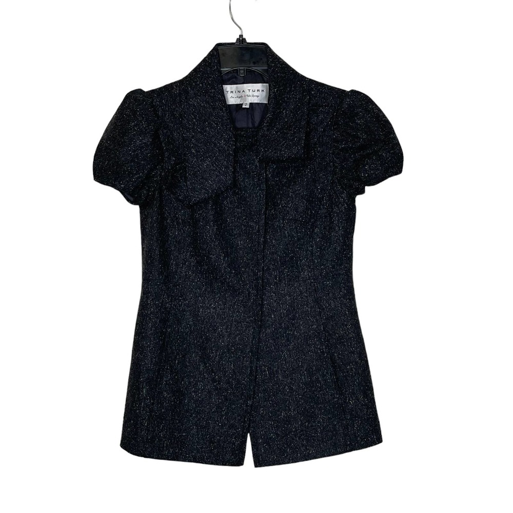 Trina Turk‎ Inner Button SS Jacket Size 2 Gray With White Fleck Womens Wool Silk